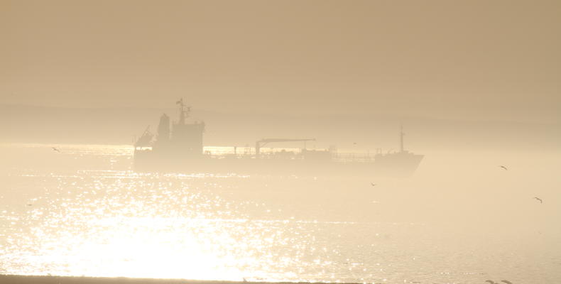 Ships entering the bay through the mist